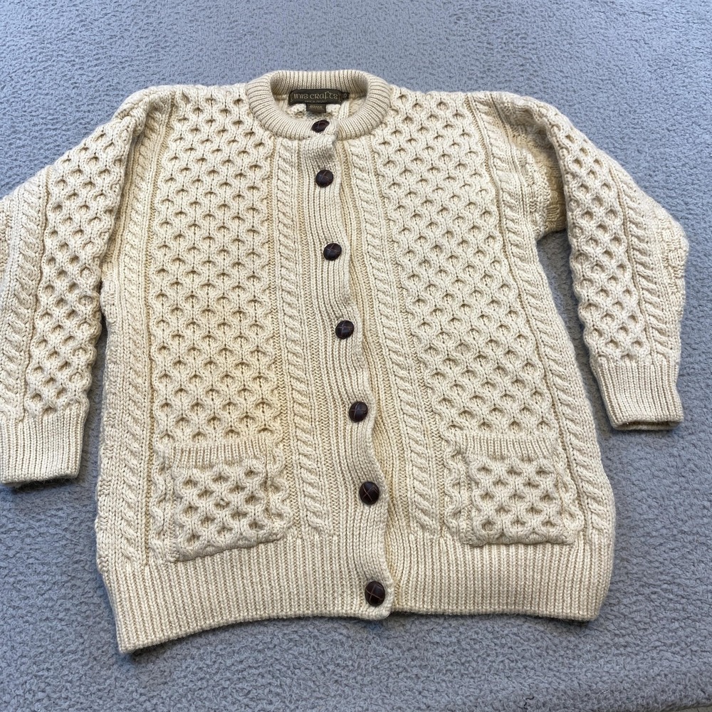 Inis Crafts‎ Sweater Womens Small Wool Aran Fisherman Cardigan Made in Ireland - Picture 3 of 10